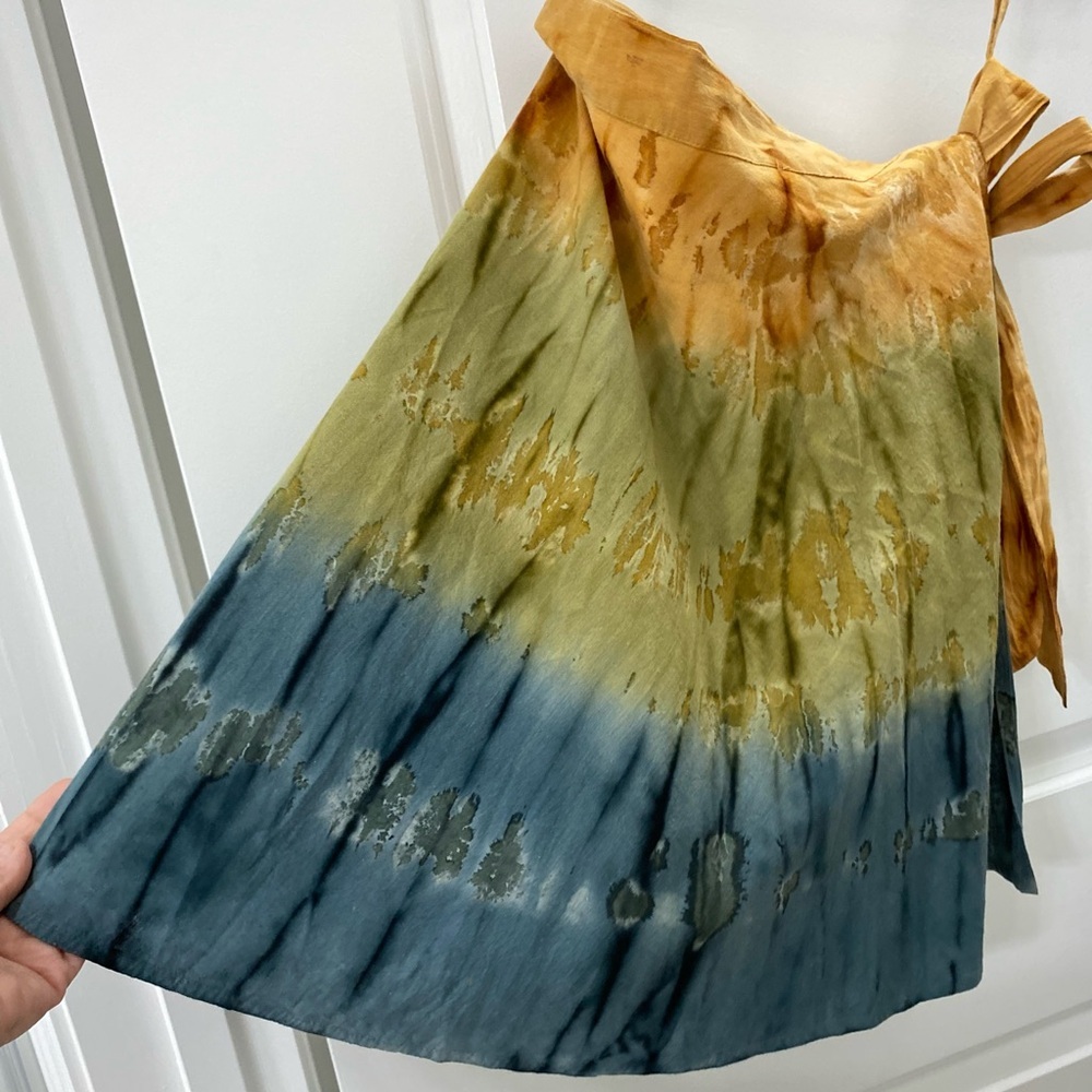Vintage Belma wrap skirt tie dye 100% cotton green. To yellow free size 31-40”